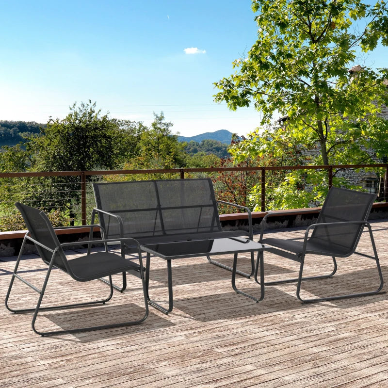 Outsunny Set Salotto da Giardino da 4 Pezzi, con Divanetto da Esterno a 2 Posti, 2 Sedie e Tavolo da Caffè in Vetro Temperato, Set di Mobili da Giardino in Metallo e Texteline, Nero