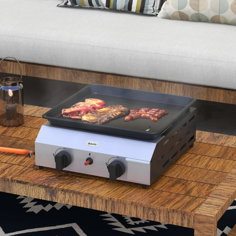 Outsunny Piastra Barbecue a Gas con 2 Bruciatori, Piano Antiaderente e Potenza 4.8kw, Argento