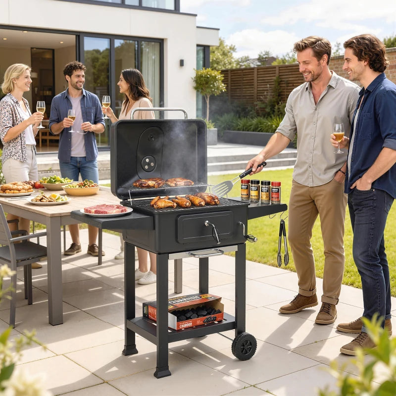 Outsunny Barbecue a Carbone, Affumicatore Portatile con Ventilazione, Termometro e Mensole Laterali, Nero
