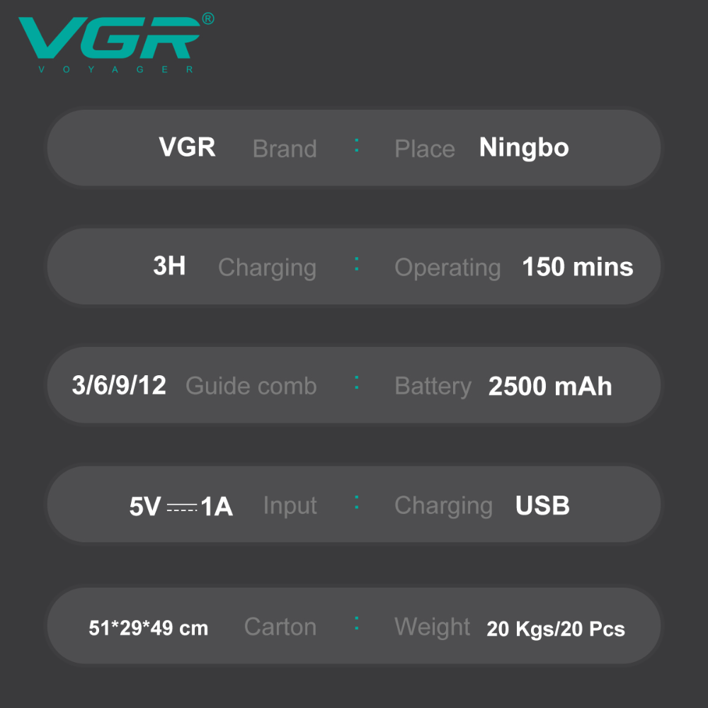 VGR Tagliacapelli | Professionale | USB | Accessori | VGR V-278