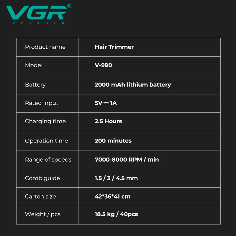 VGR Tagliacapelli | Professionale | USB | Accessori | VGR V-990