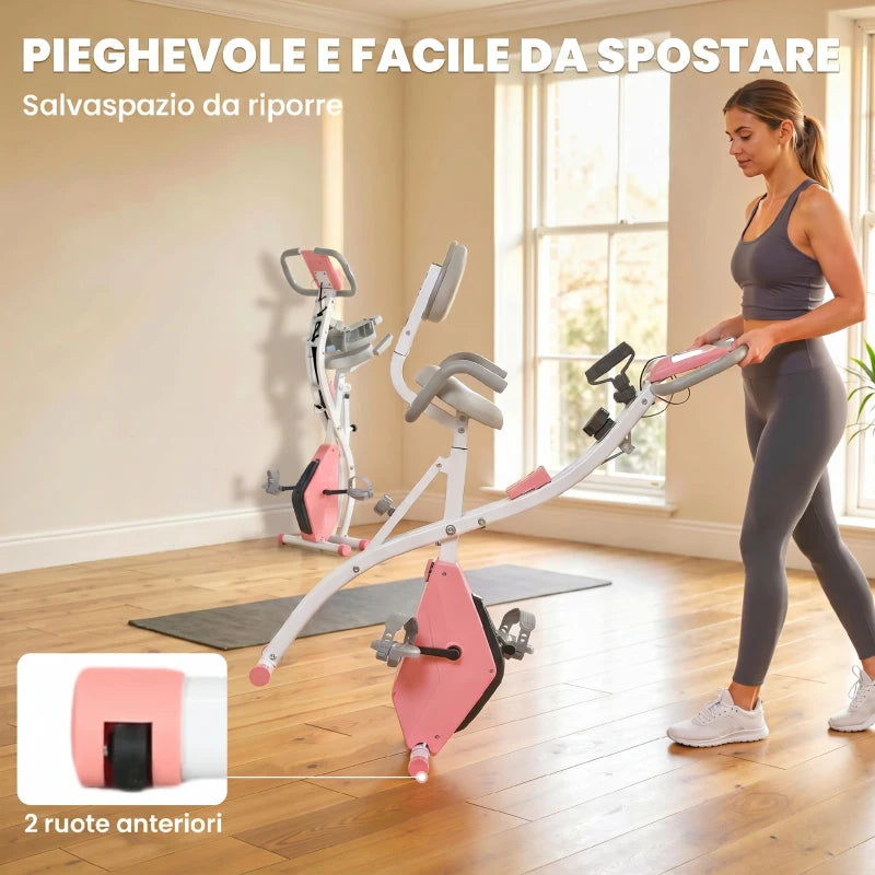 HOMCOM Cyclette Pieghevole 2 in 1, Resistenza Magnetica Regolabile 8 Livelli, Cyclette da Casa Silenziosa con Sensore Cardiaco, Sedile Regolabile, Bande Elastici, Schermo LCD, Ruote, Rosa