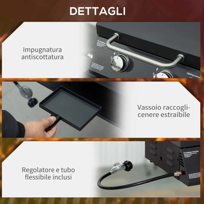 Outsunny Barbecue a Gas Pieghevole con Coperchio, Termometro e 2 Bruciatori in Acciaio, 55x46.5x41 cm, Nero