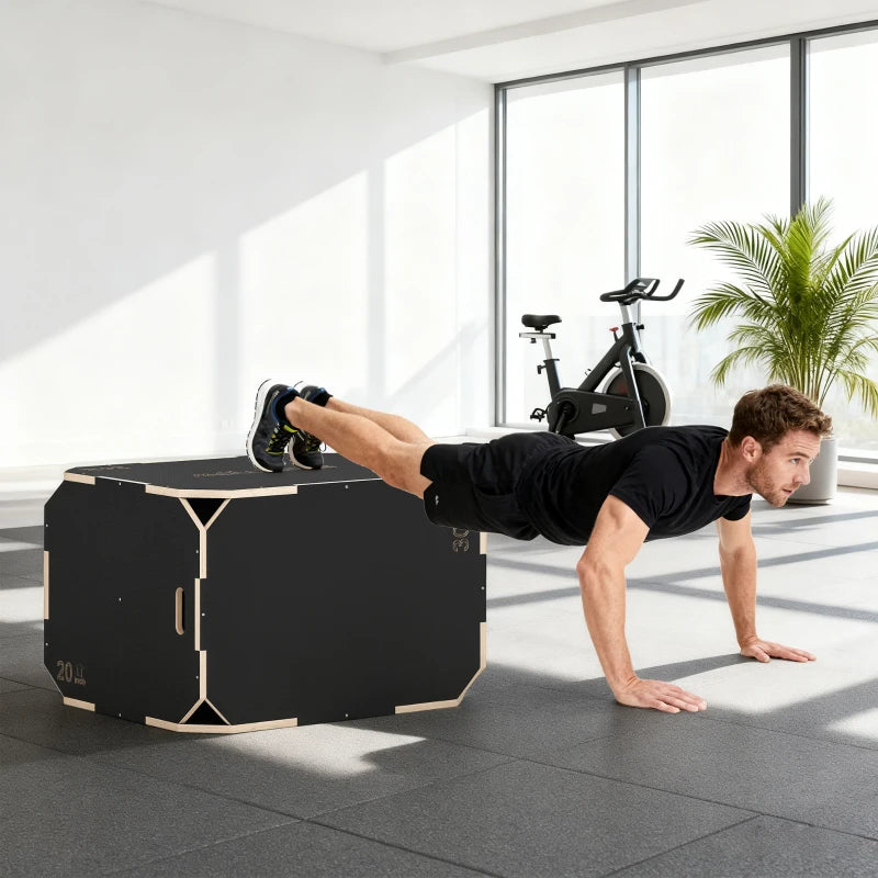 SPORTNOW Plyo Box in Legno 3 in 1, Box Pliometrico per Salti Antiscivolo con Maniglie per Allenamento in Casa Palestra, 76x61x51 cm, Nero