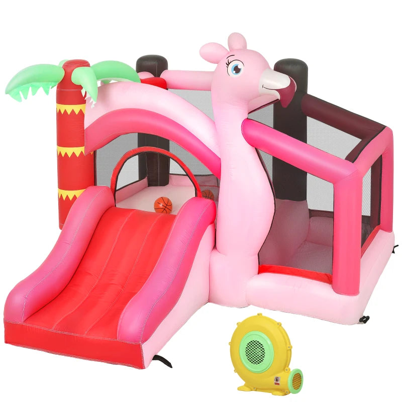 AIYAPLAY Castello Gonfiabile per Bambini con Scivolo, Trampolino, Vasca di Palline e Canestro Basket, 255x230x196 cm, Rosa