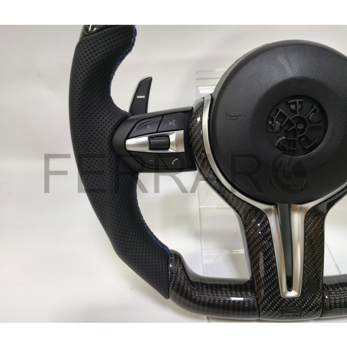(PRENOTA) Volante per BMW, Carbonio, Etichetta Multicolore, Cromatura, Filo Multicolore