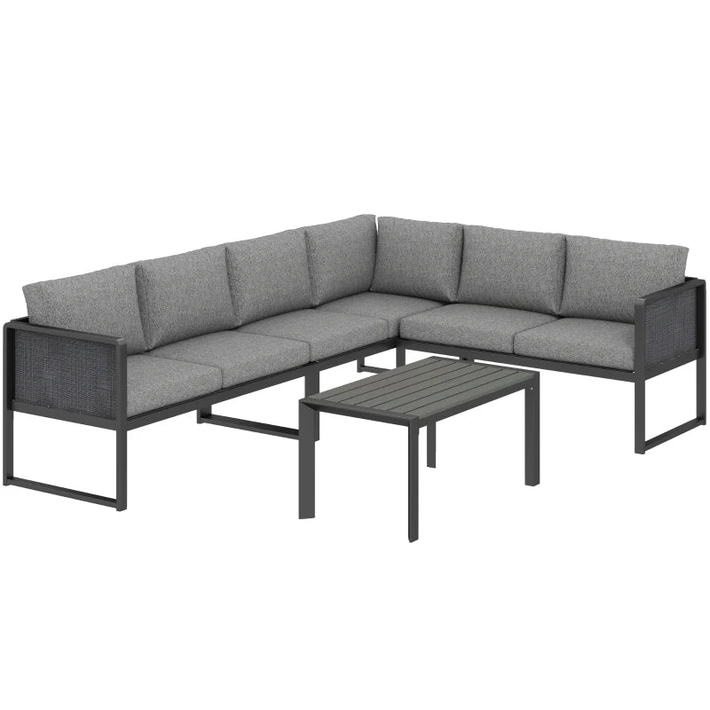Outsunny Set Divano Angolare da Giardino in Metallo, 3 Poltrone, Tavolino Effetto Legno, Grigio Scuro