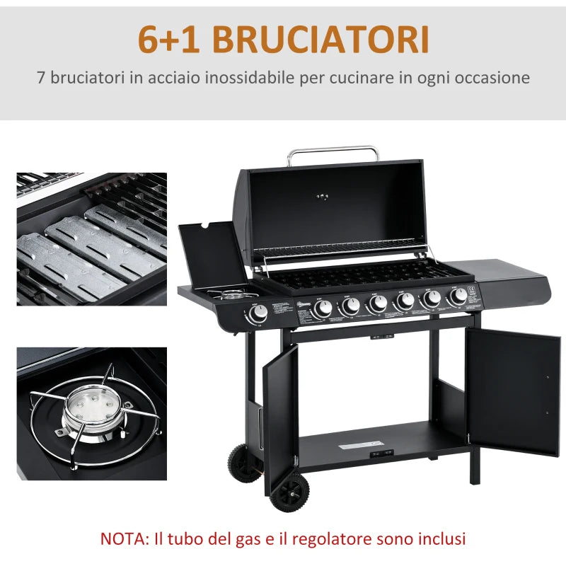 Outsunny Barbecue a Gas con Coperchio, 7 Bruciatori da 20kW, Fornello Laterale e 2 Ruote, 135x50x100 cm, Nero