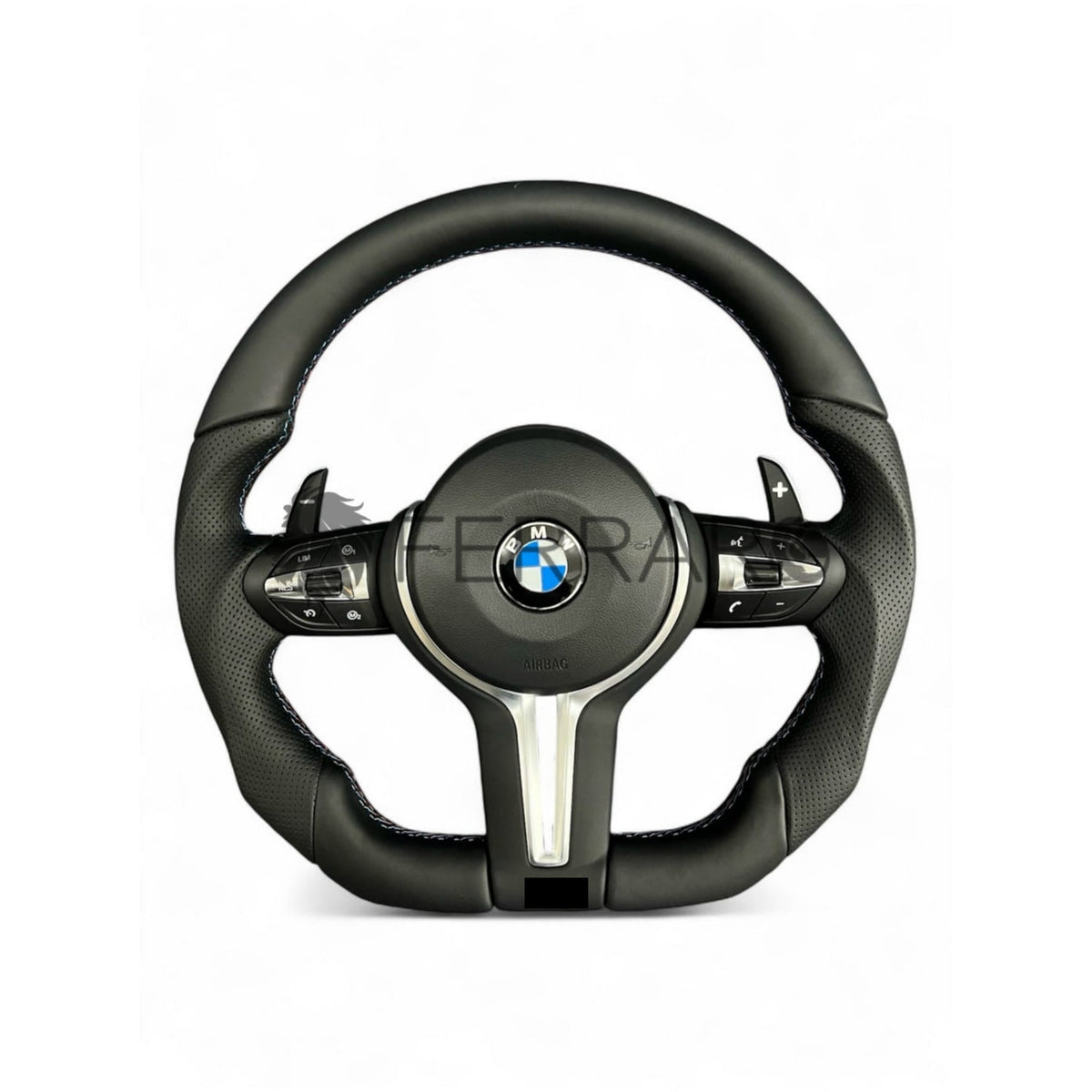 (PRENOTA) Volante per BMW, Pelle Nera, Cromatura Nera, Filo Nero Multicolore