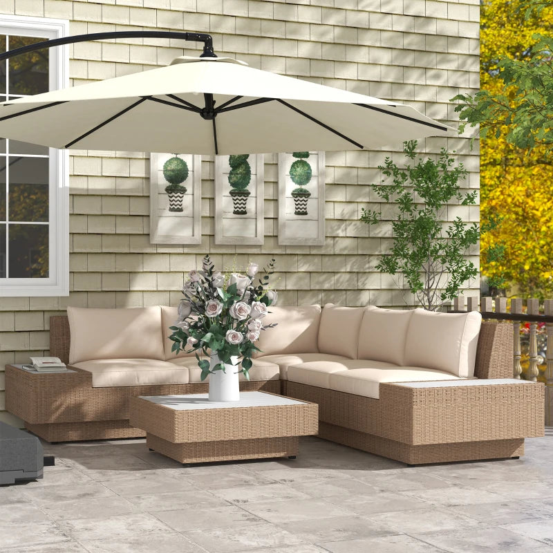Outsunny Set da Giardino 4 Pezzi in Rattan, Divano Angolare con Cuscini e Tavolini, Nero e Marrone chiaro