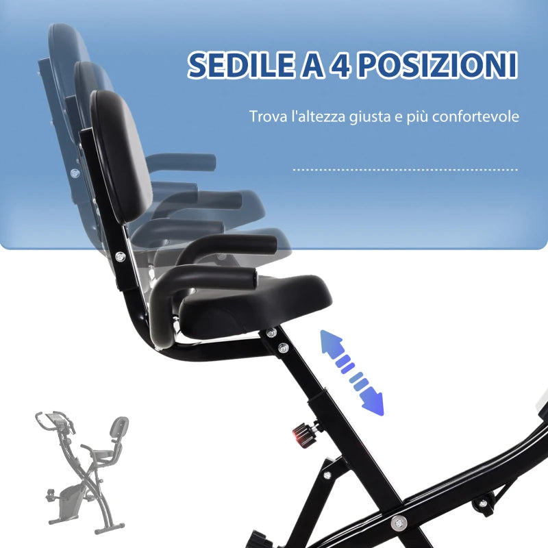 HOMCOM Cyclette Pieghevole 2 in 1, Resistenza Magnetica Regolabile 8 Livelli, Cyclette da Casa Silenziosa con Sensore Cardiaco, Sedile Regolabile, Bande Elastici, Schermo LCD, Ruote, Nero