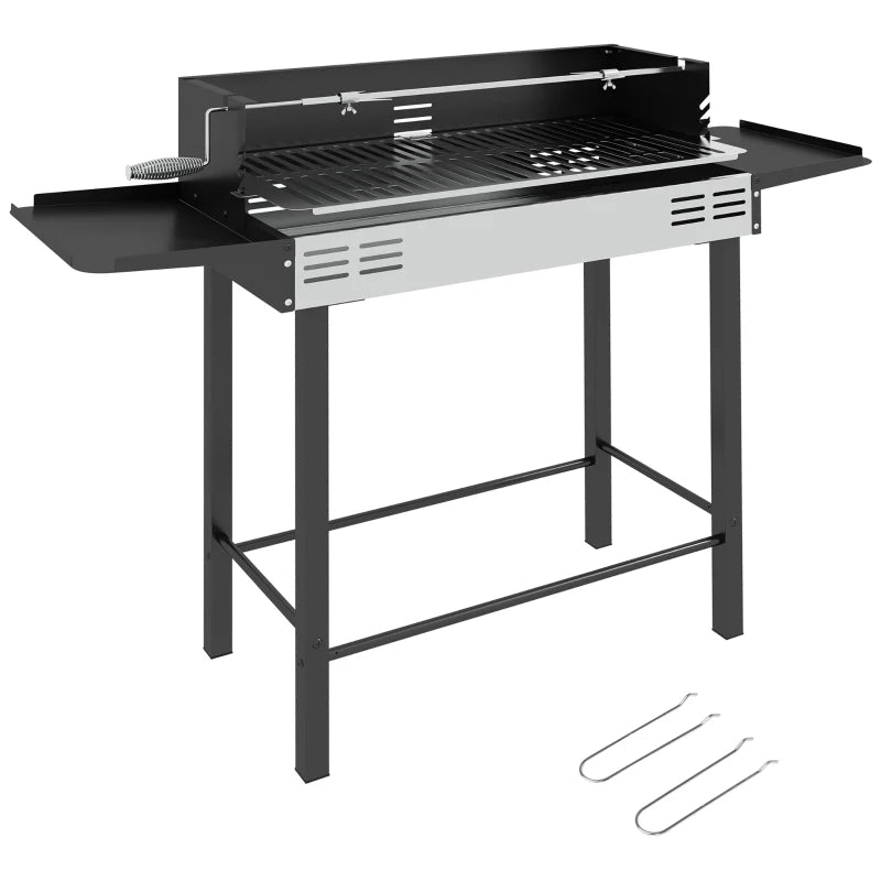 Outsunny Barbecue a Carbone a 3 Livelli con Mensole Pieghevoli e Girarrosto, in Acciaio Inox, 118x32x90 cm, Nero