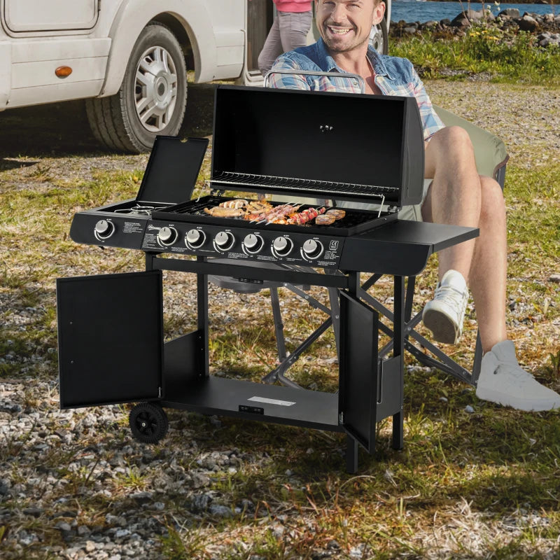 Outsunny Barbecue a Gas con Coperchio, 7 Bruciatori da 20kW, Fornello Laterale e 2 Ruote, 135x50x100 cm, Nero