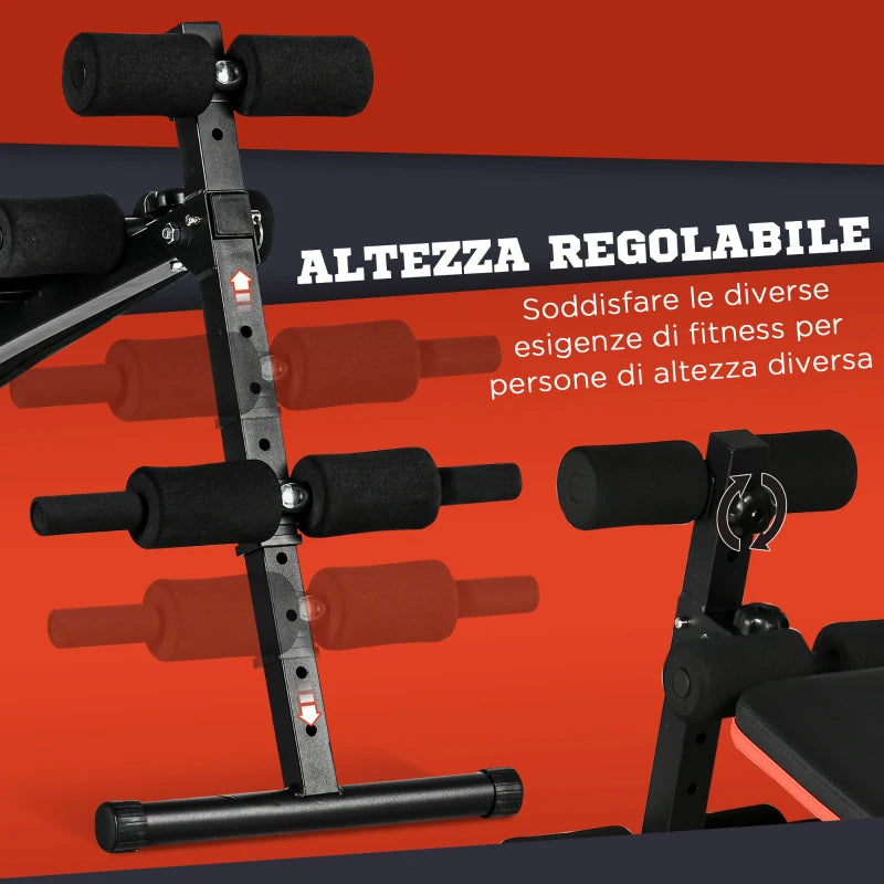 Panca per Addominali Pieghevole e Regolabile con Schienale Imbottito, 47x139x51-69cm, Nero e Rosso