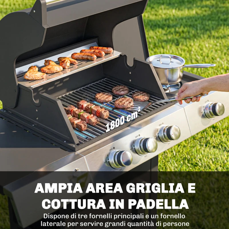 Outsunny Barbecue a Gas con 3 Fuochi e Bruciatore Laterale, 109x50x109 cm, Nero