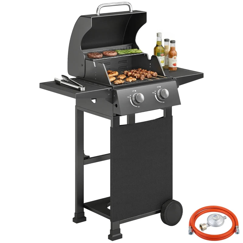Outsunny Barbecue a Gas Propano con 2 Bruciatori, Portatile, Termometro, Nero