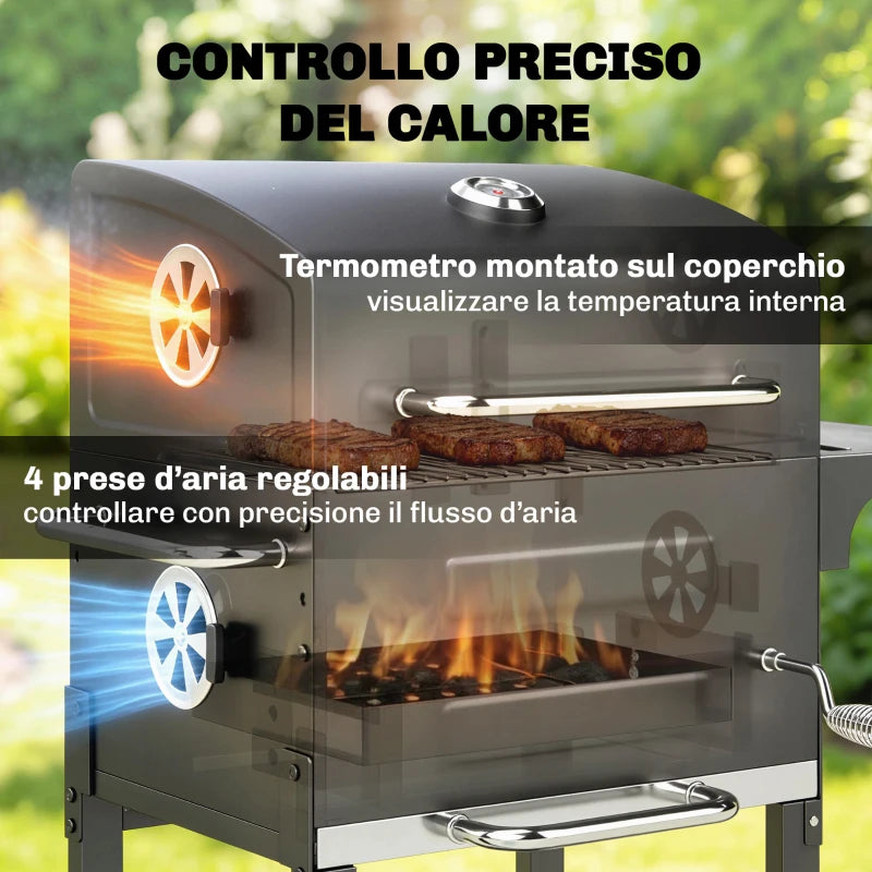 Outsunny Barbecue a Carbone con Termometro per Patio e Giardino, Nero