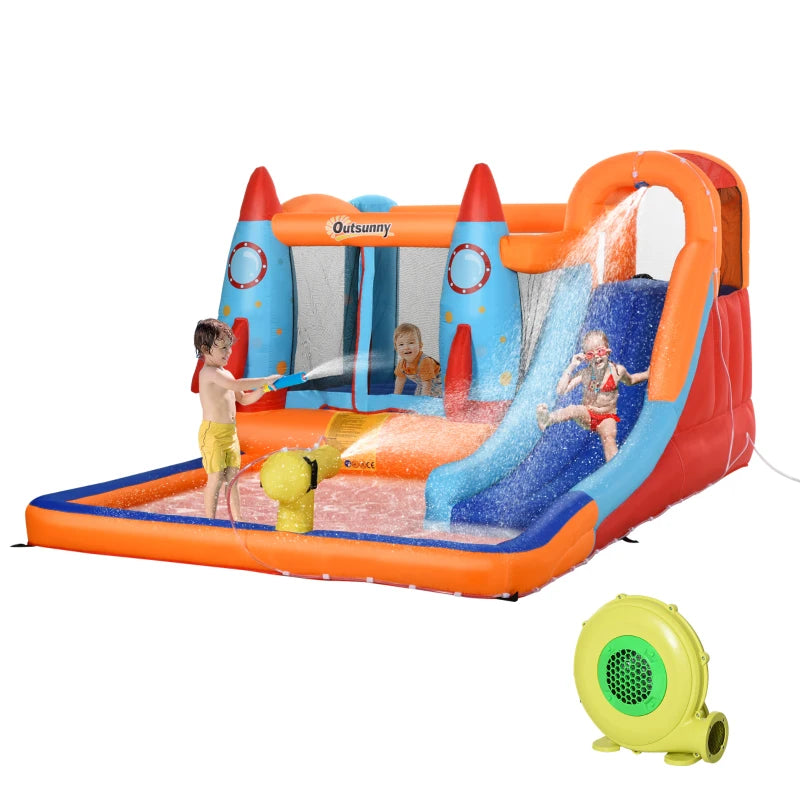 Outsunny Castello Gonfiabile per Bambini Piscina con Scivolo e Trampolino, Pompa Elettrica, 350x250x185cm, Multicolore