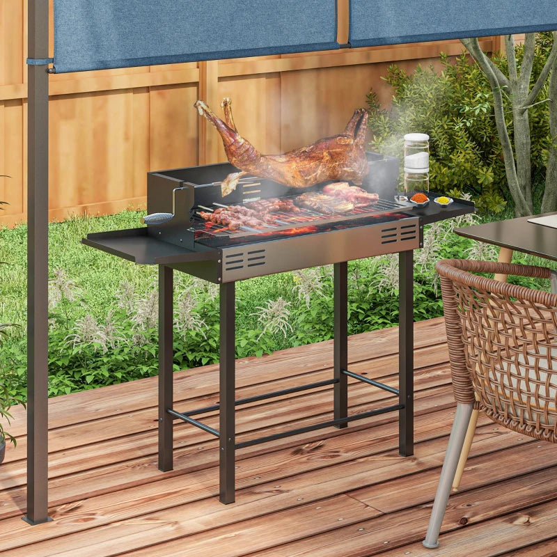 Outsunny Barbecue a Carbone a 3 Livelli con Mensole Pieghevoli e Girarrosto, in Acciaio Inox, 118x32x90 cm, Nero