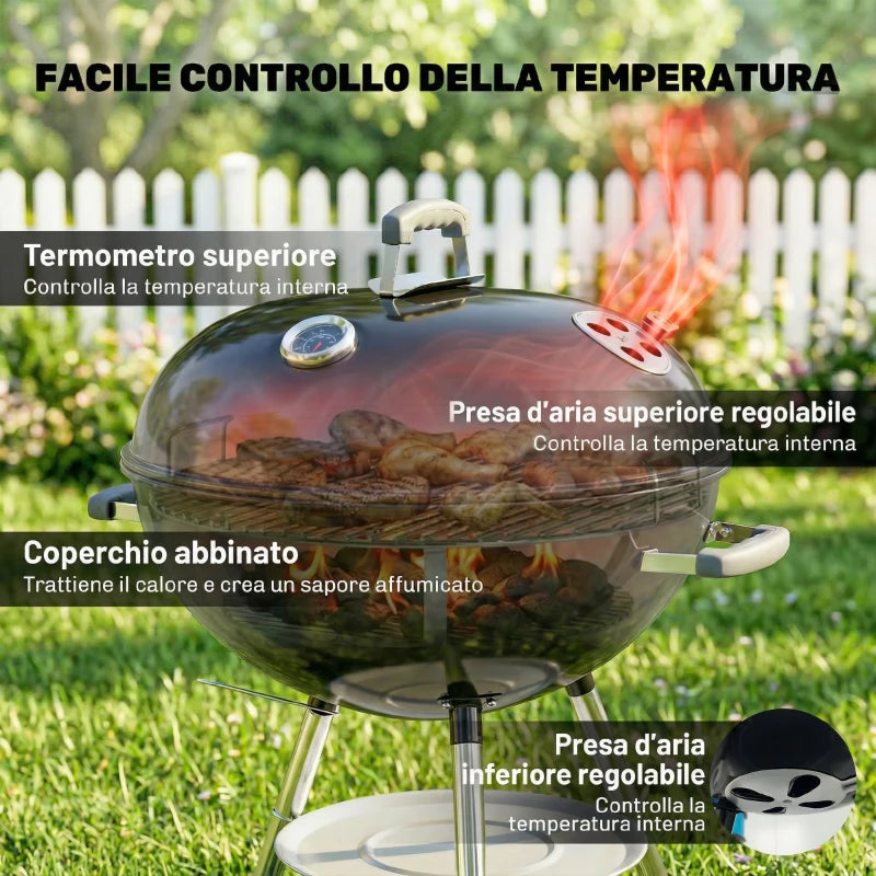 Outsunny barbecue a carbone con griglia esterna rotonda, coperchio, termometro e ruote, Nero