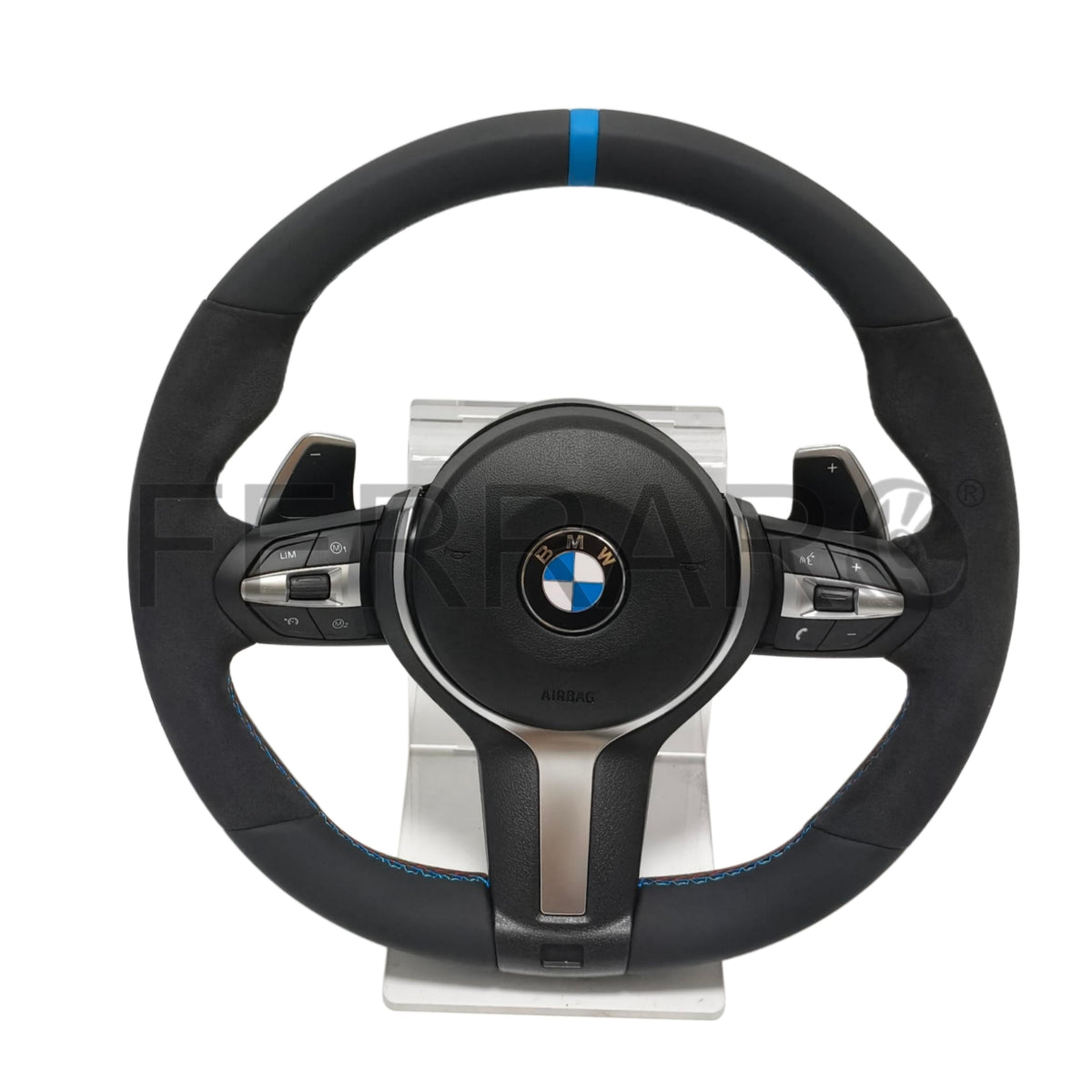 (PRENOTA) Volante per BMW, Pelle Nera, Etichetta Blu, Cromatura, Filo Multicolore