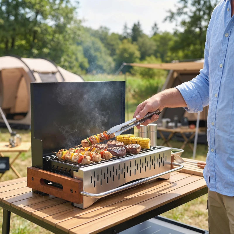 Outsunny Barbecue Portatile a Carbone con Vaschetta Rimovibile, in Acciaio Inox e Metallo, 50.5x34x33 cm, Nero