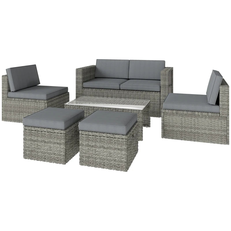 Outsunny Set da Esterno 6pz con Divano, 2 Sedie, Tavolino con Piano in Vetro e 2 Pouf, Grigio Scuro