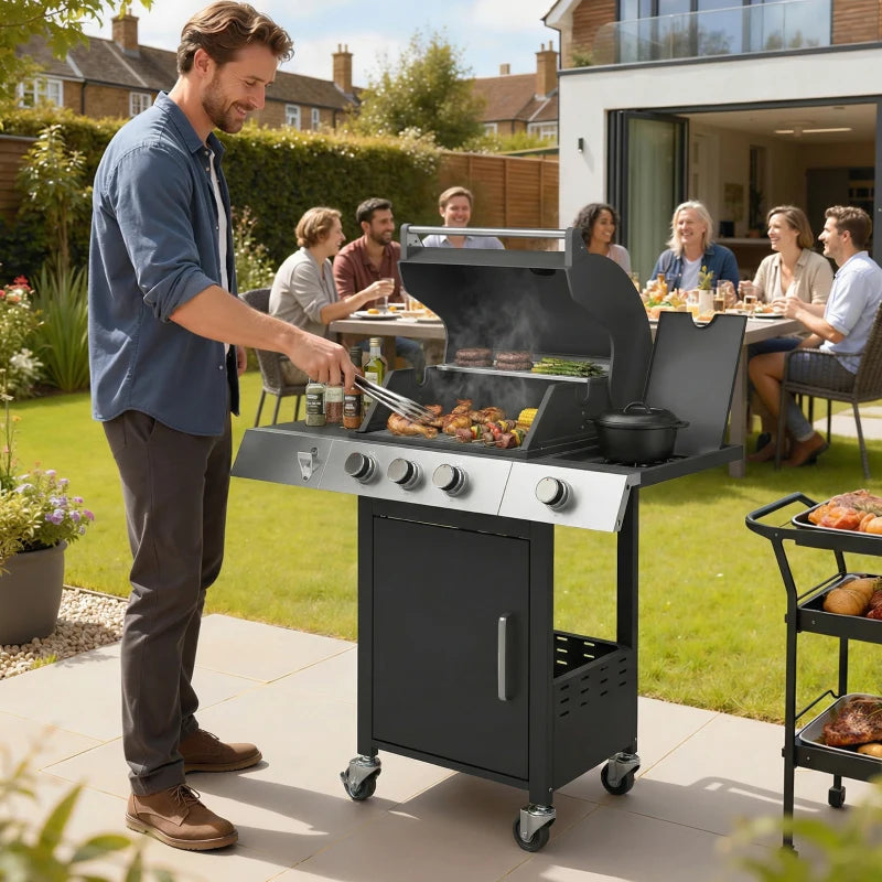 Outsunny Barbecue a Gas con 3 Fuochi e Bruciatore Laterale, 109x50x109 cm, Nero