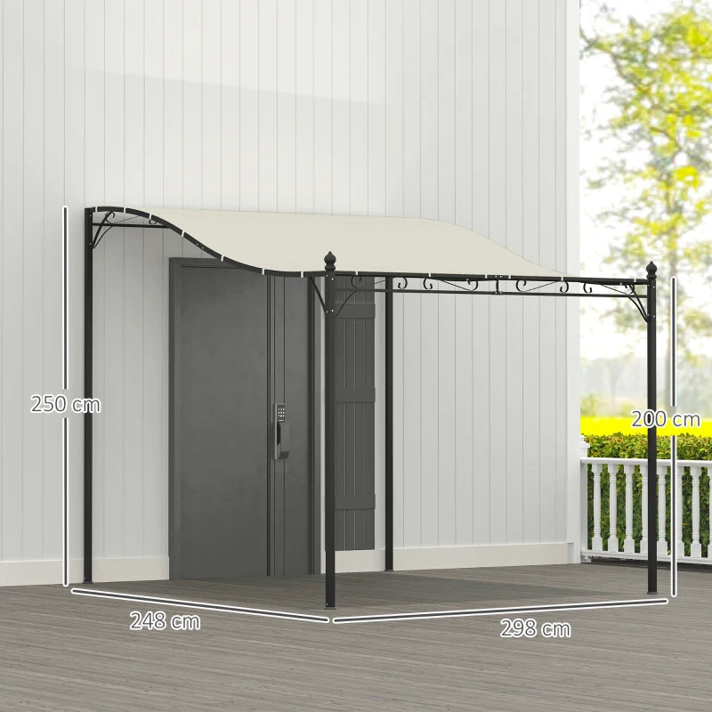 Outsunny Pergola Addossata Ricurva con 16 Fori di Drenaggio, in Metallo e Poliestere, 248x298x200/250 cm, Bianco Crema
