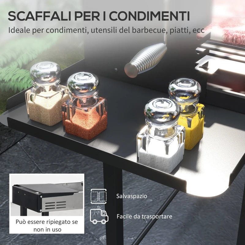 Outsunny Barbecue a Carbone a 3 Livelli con Mensole Pieghevoli e Girarrosto, in Acciaio Inox, 118x32x90 cm, Nero
