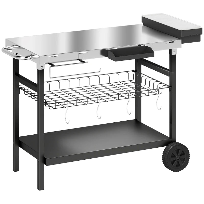 Outsunny Carrello Barbecue da Esterno con Piano in Acciaio Inossidabile, Porta Spezie, Ganci e Maniglia Laterale, Nero