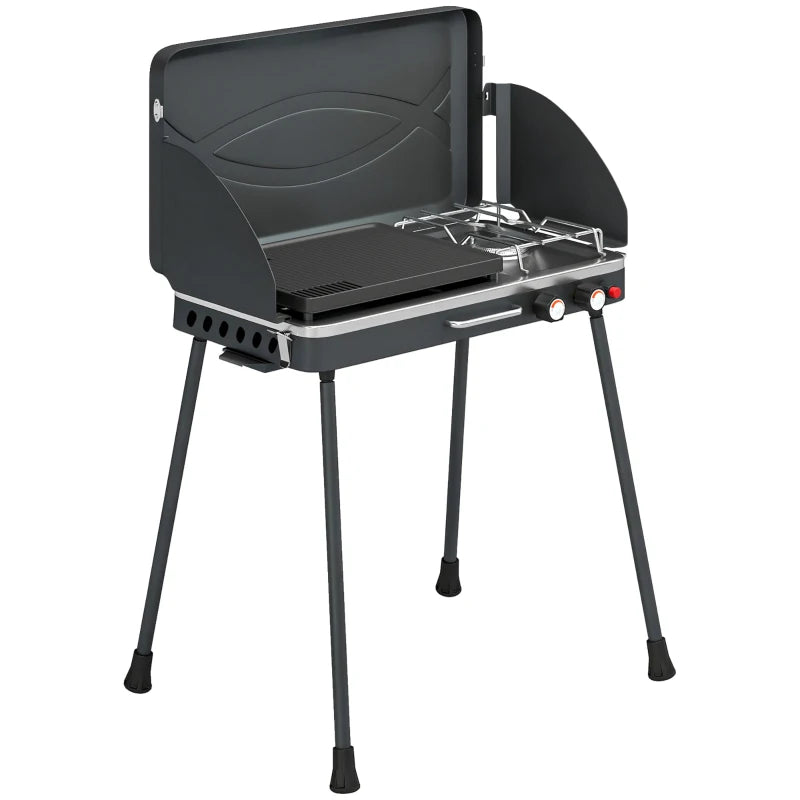 Outsunny BBQ a Gas Propano Portatile 2-in-1 con Griglia e Fornello, 7KW, Nero