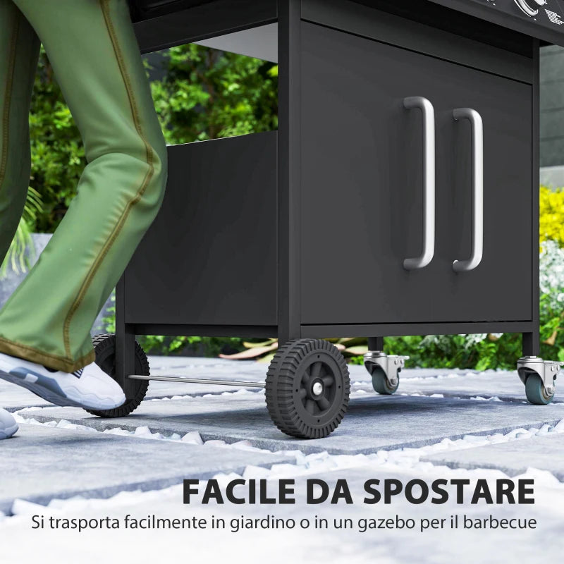 Outsunny Barbecue a Gas con Fornello Laterale, Tavolino e Armadietto, in Acciaio e PP, 129.5x56x110 cm, Nero