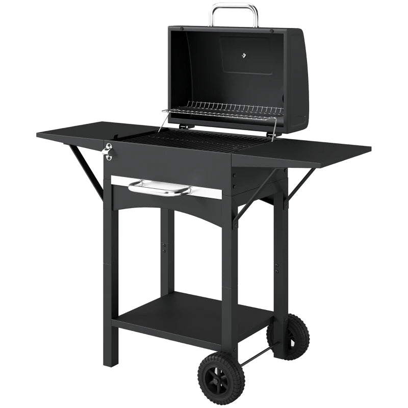 Outsunny Barbecue a Carbone con 2 Ripiani Laterali, Termometro, Coperchio e Ruote, 110x46.5x101 cm, Nero