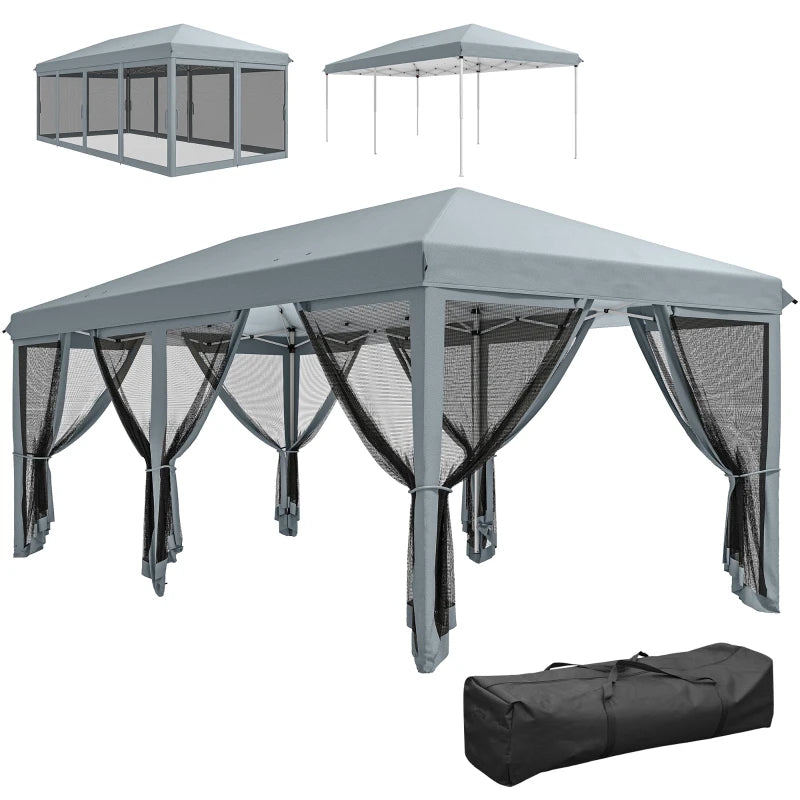 Outsunny Gazebo da Giardino Pieghevole 6x3 m con 6 Zanzariere e Pulsante, in Acciaio e Poliestere, Grigio