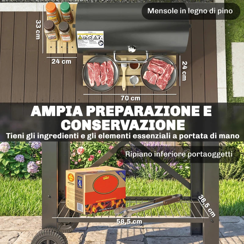 Outsunny Barbecue a Carbone, Griglia Mobile con Ripiani Pieghevoli e Termometro