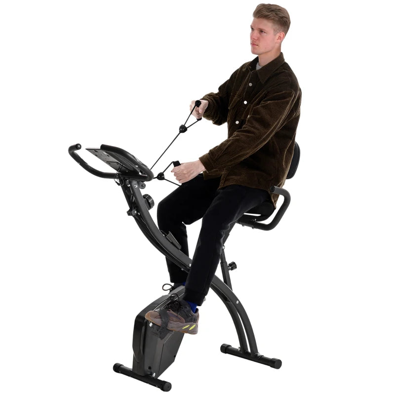 HOMCOM Cyclette Pieghevole 2 in 1, Resistenza Magnetica Regolabile 8 Livelli, Cyclette da Casa Silenziosa con Sensore Cardiaco, Sedile Regolabile, Bande Elastici, Schermo LCD, Ruote, Nero