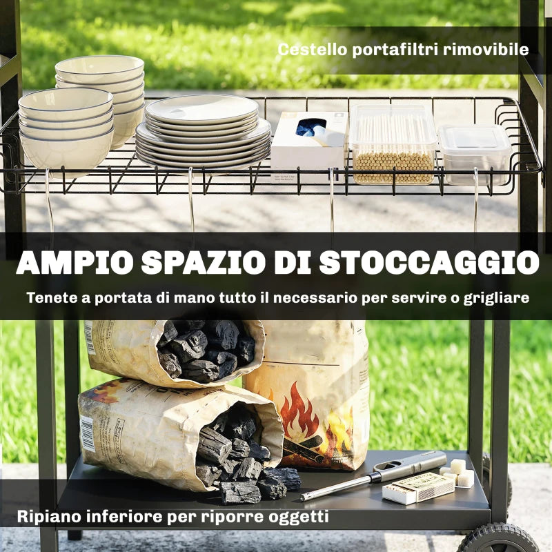 Outsunny Carrello Barbecue da Esterno con Piano in Acciaio Inossidabile, Porta Spezie, Ganci e Maniglia Laterale, Nero