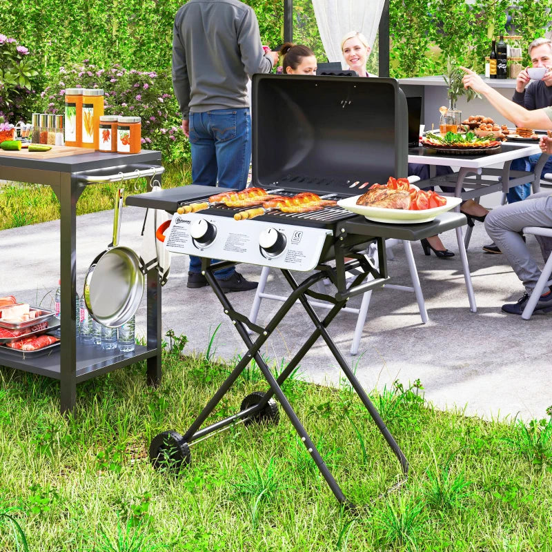 Outsunny Barbecue a Gas Portatile con 2 Bruciatori e 2 Tavolini, Coperchio con Termometro e Ruote, Nero