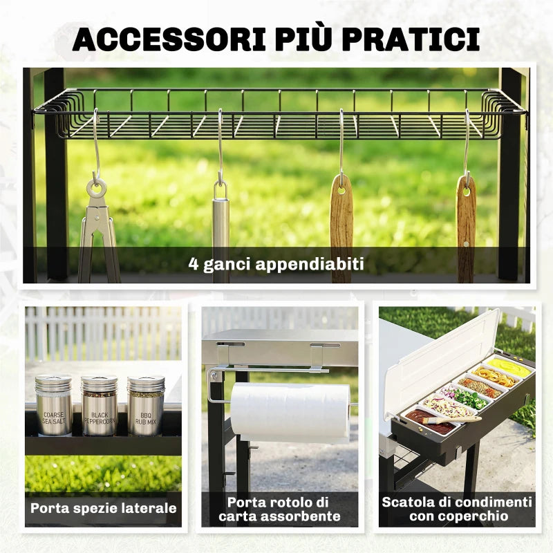 Outsunny Carrello Barbecue da Esterno con Piano in Acciaio Inossidabile, Porta Spezie, Ganci e Maniglia Laterale, Nero