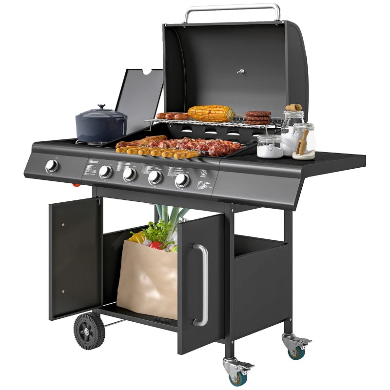 Outsunny Barbecue a Gas con Fornello Laterale, Tavolino e Armadietto, in Acciaio e PP, 129.5x56x110 cm, Nero