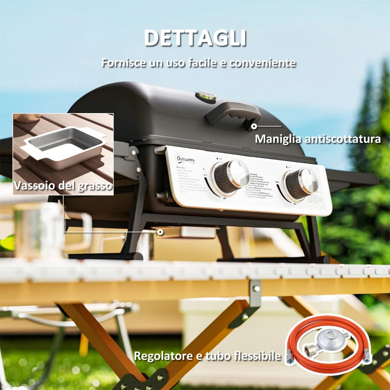 Outsunny Barbecue a Gas Portatile con 2 Bruciatori e Coperchio con Termometro, Nero