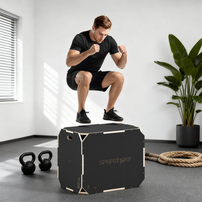 SPORTNOW Plyo Box in Legno 3 in 1, Box Pliometrico per Salti Antiscivolo con Maniglie per Allenamento in Casa Palestra, 76x61x51 cm, Nero