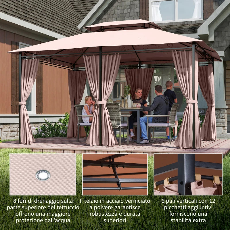 Outsunny Gazebo da Giardino 4x3m con Doppio Tetto e Tende Laterali in Acciaio e Poliestere, Color Cachi