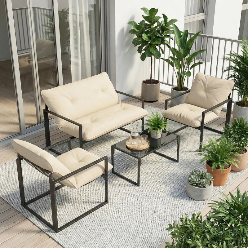 Outsunny Set da Giardino 4 Pezzi con Divanetto, 2 Poltrone e Tavolino, in Acciaio, Poliestere e Cotone PP, Beige e Grigio