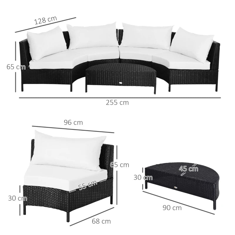 Outsunny Divano da Esterno in Rattan, Set 5 Pezzi con Pouf, Salottino per il Giardino Nero e Bianco 96cmx 68cmx 65cm