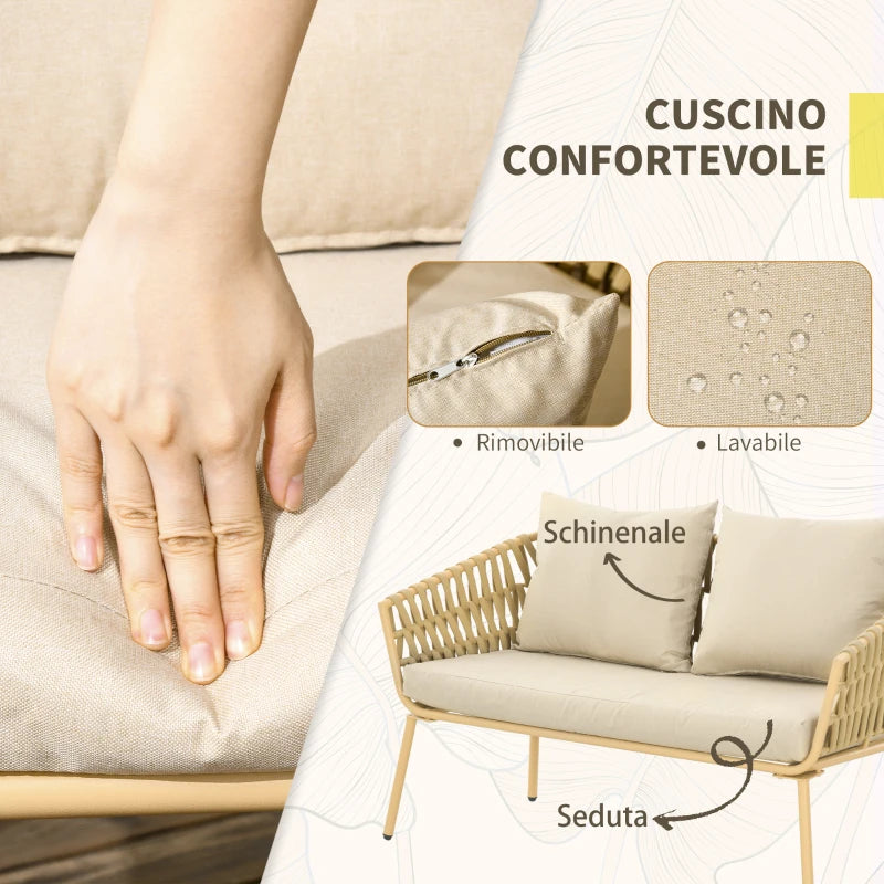 Outsunny Salotto da Esterno con Divano 2 Posti, 2 Poltrone con Cuscini e Tavolino in Vetro