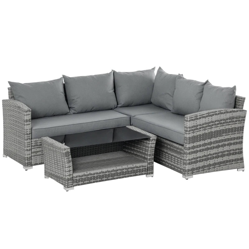 Outsunny Set Mobili da Giardino in Rattan PE da 4 Pezzi, Salotto con Divano Angolare e Tavolino con Vetro, Cuscini Imbottiti e Sfoderabili, Grigio