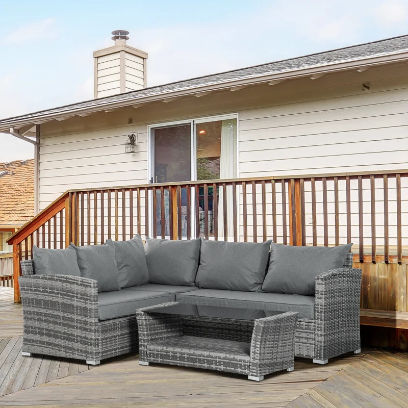 Outsunny Set Mobili da Giardino in Rattan PE da 4 Pezzi, Salotto con Divano Angolare e Tavolino con Vetro, Cuscini Imbottiti e Sfoderabili, Grigio