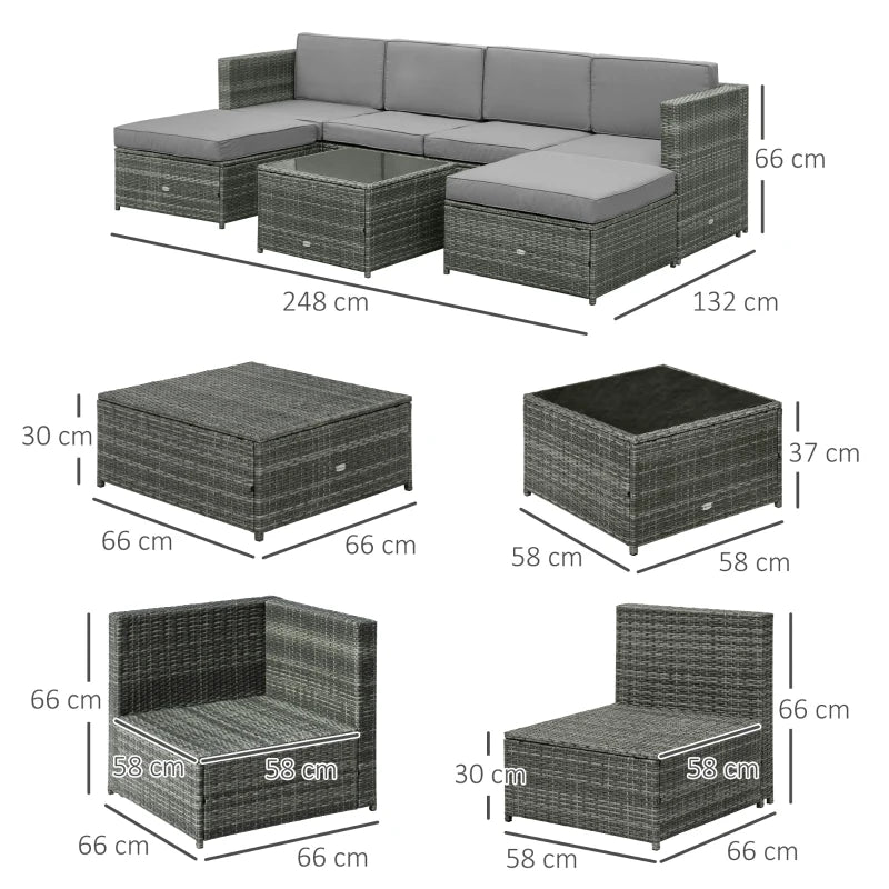 Outsunny Set da 7 Pezzi Salotto da Esterni in Rattan con Poltrona Pouf Tavolino Grigio